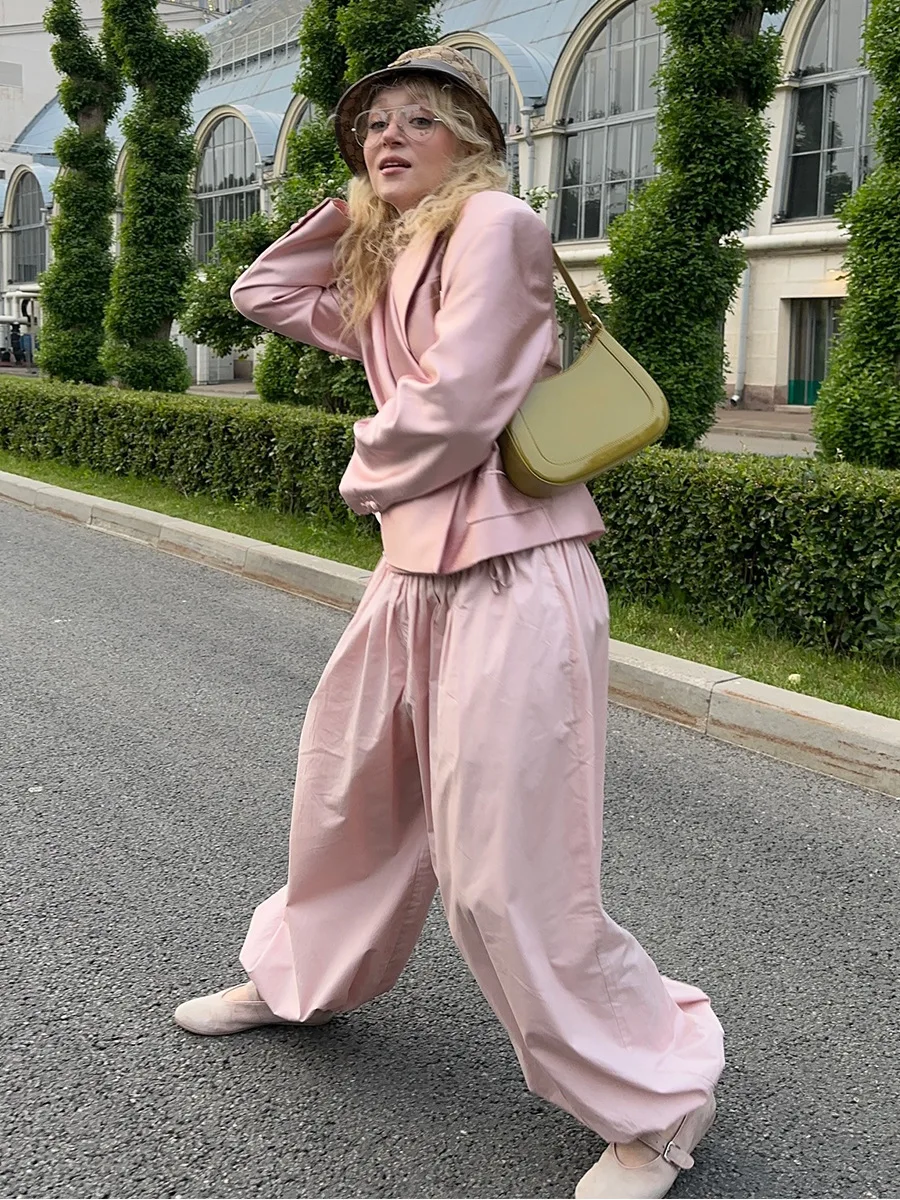 Talenza Summer Fashion Pocket Bloomers Female Trousers Pleated Loose High Waist Patchwork Bandage Streetwear Wide Leg Women Pant