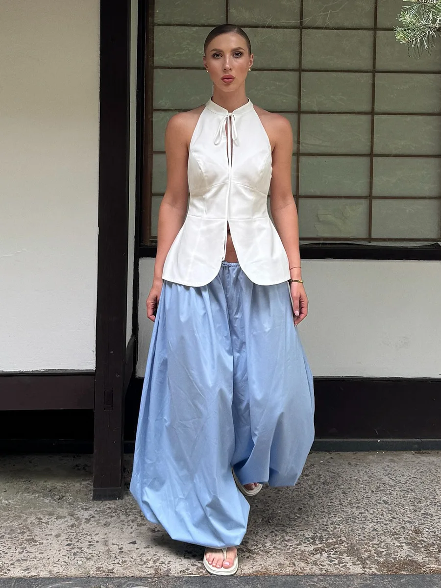 Talenza Summer Fashion Pocket Bloomers Female Trousers Pleated Loose High Waist Patchwork Bandage Streetwear Wide Leg Women Pant