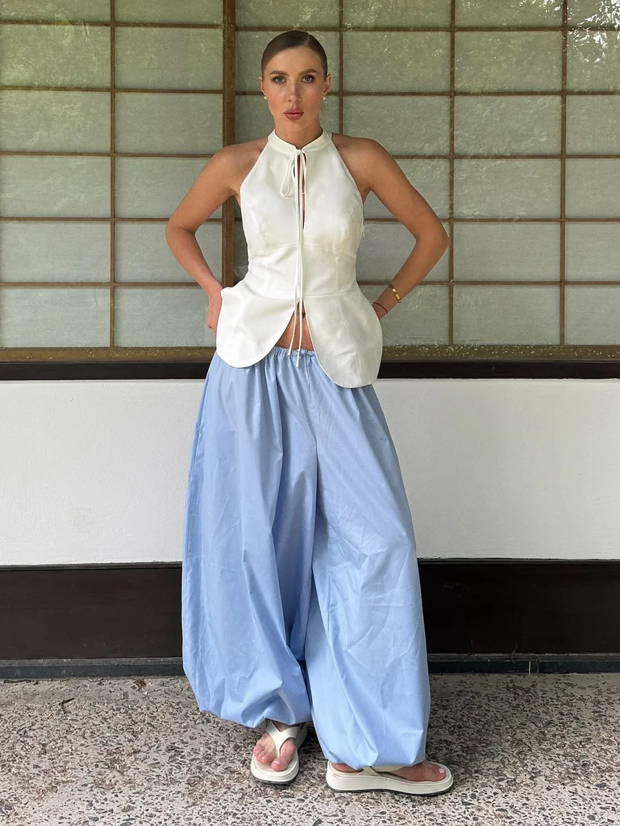 Talenza Summer Fashion Pocket Bloomers Female Trousers Pleated Loose High Waist Patchwork Bandage Streetwear Wide Leg Women Pant