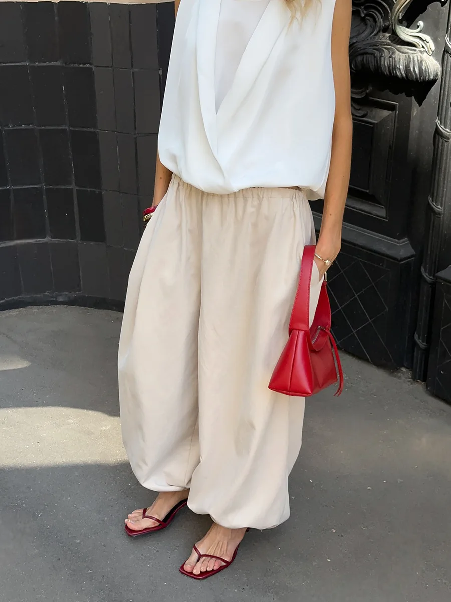 Talenza Summer Fashion Pocket Bloomers Female Trousers Pleated Loose High Waist Patchwork Bandage Streetwear Wide Leg Women Pant