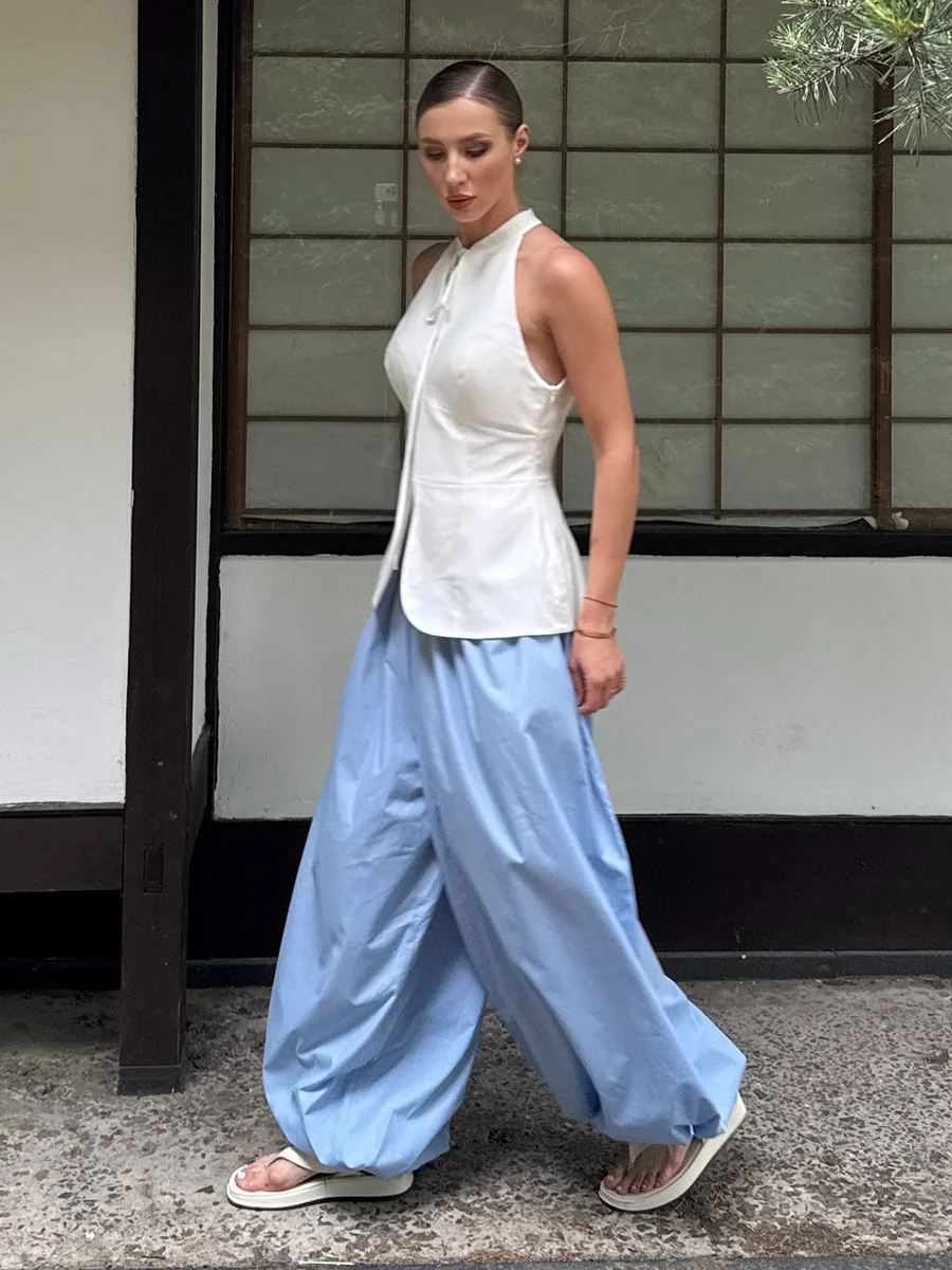 Talenza Summer Fashion Pocket Bloomers Female Trousers Pleated Loose High Waist Patchwork Bandage Streetwear Wide Leg Women Pant