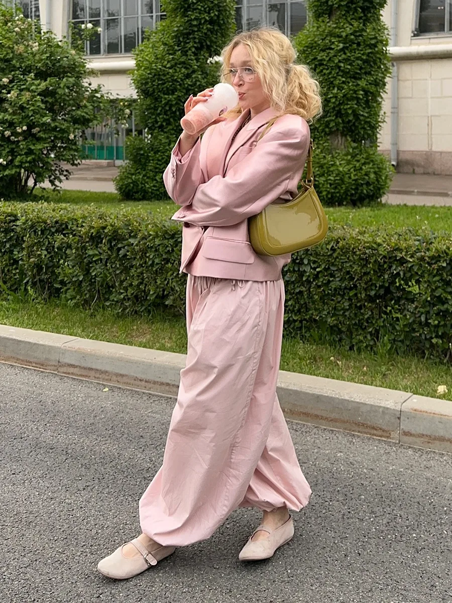 Talenza Summer Fashion Pocket Bloomers Female Trousers Pleated Loose High Waist Patchwork Bandage Streetwear Wide Leg Women Pant