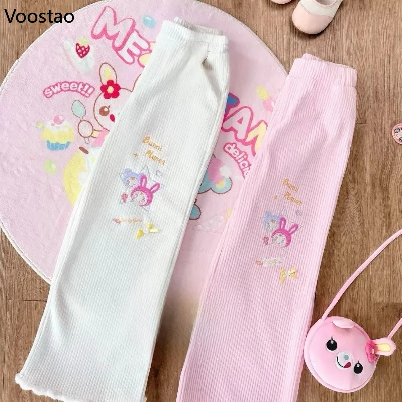 Japanese Kawaii Lolita Style Corduroy Pants Women Sweet Cute Cartoon Embroidery Casual Trousers Harajuku Subculture Sweatpants