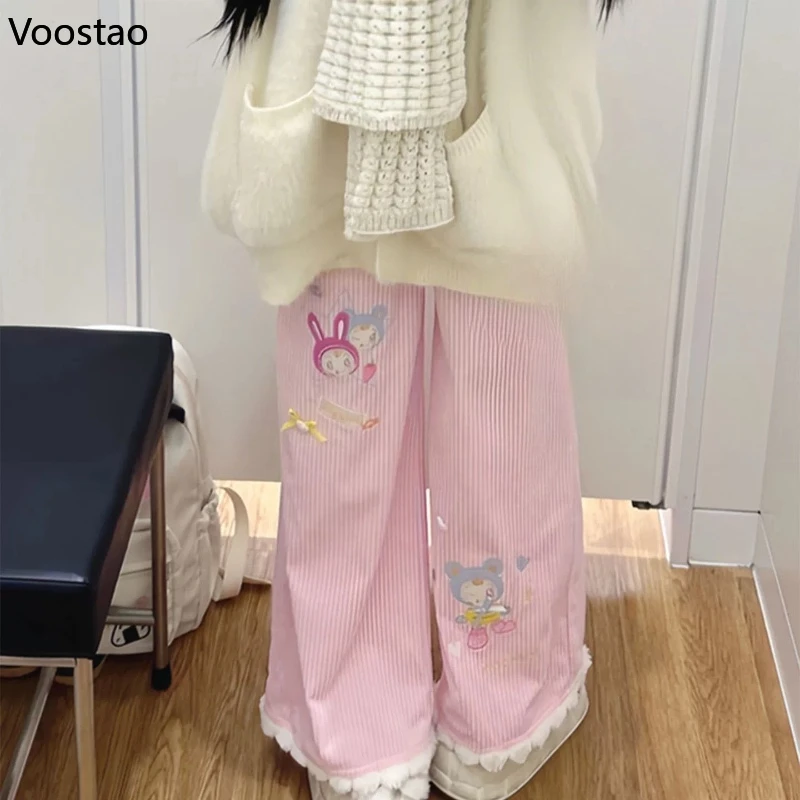 Japanese Kawaii Lolita Style Corduroy Pants Women Sweet Cute Cartoon Embroidery Casual Trousers Harajuku Subculture Sweatpants