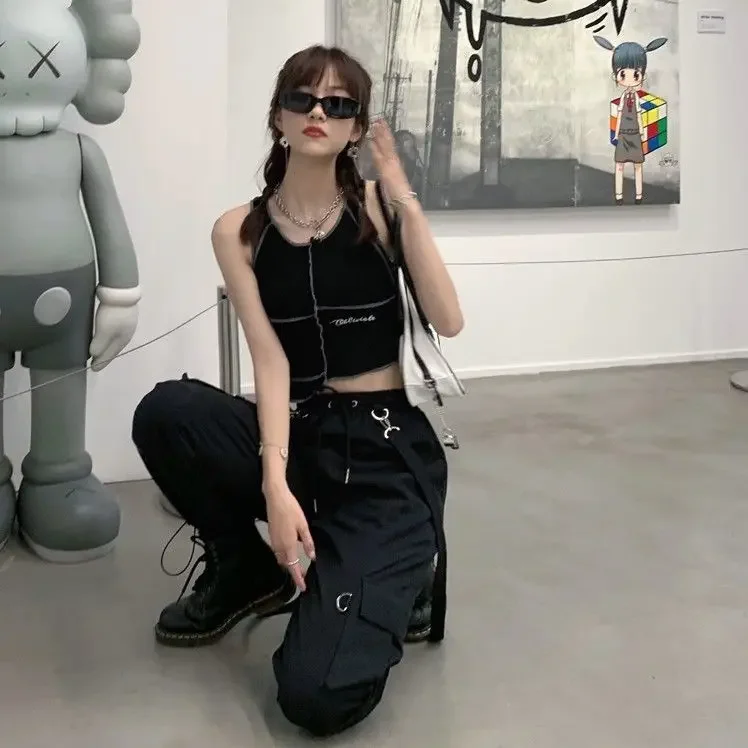2025 New Harajuku Goth Jogging Cargo Pants Women Streetwear Black High Waist Solid Color Oversized Pants Casual Trousers Female