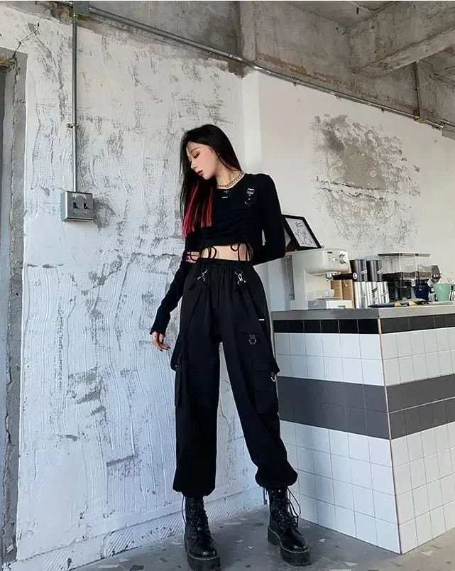 2025 New Harajuku Goth Jogging Cargo Pants Women Streetwear Black High Waist Solid Color Oversized Pants Casual Trousers Female