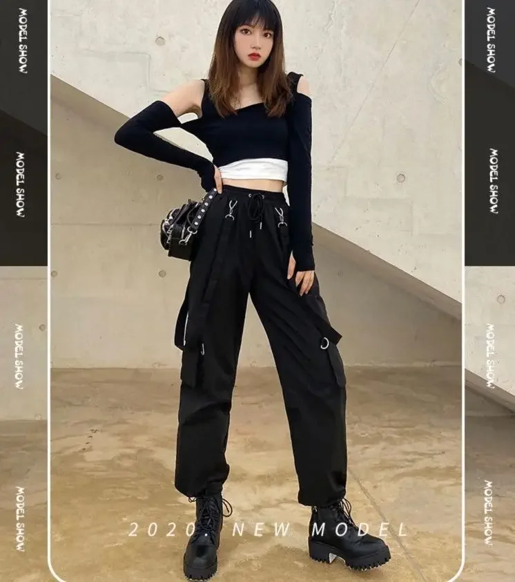2025 New Harajuku Goth Jogging Cargo Pants Women Streetwear Black High Waist Solid Color Oversized Pants Casual Trousers Female