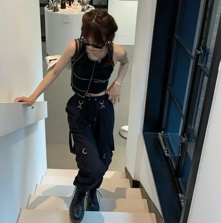 2025 New Harajuku Goth Jogging Cargo Pants Women Streetwear Black High Waist Solid Color Oversized Pants Casual Trousers Female