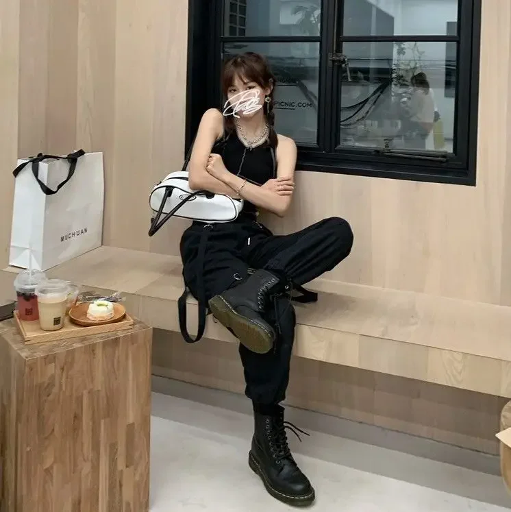 2025 New Harajuku Goth Jogging Cargo Pants Women Streetwear Black High Waist Solid Color Oversized Pants Casual Trousers Female