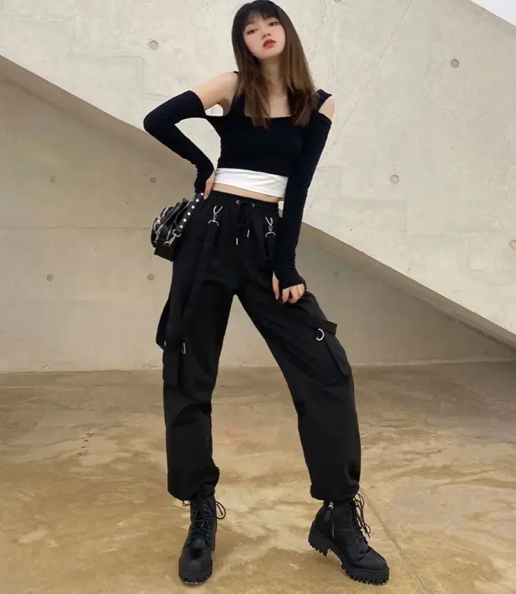 2025 New Harajuku Goth Jogging Cargo Pants Women Streetwear Black High Waist Solid Color Oversized Pants Casual Trousers Female