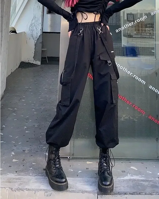 2025 New Harajuku Goth Jogging Cargo Pants Women Streetwear Black High Waist Solid Color Oversized Pants Casual Trousers Female