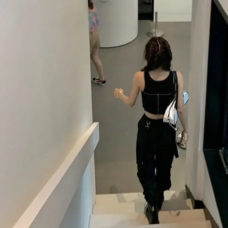 2025 New Harajuku Goth Jogging Cargo Pants Women Streetwear Black High Waist Solid Color Oversized Pants Casual Trousers Female