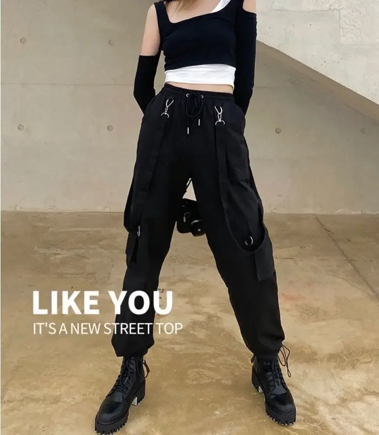 2025 New Harajuku Goth Jogging Cargo Pants Women Streetwear Black High Waist Solid Color Oversized Pants Casual Trousers Female