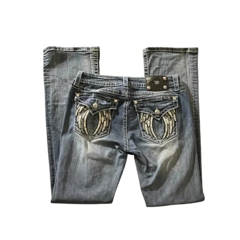 90s Vintage Jeans Female Y2K New Blue Jeans Embroidered Wing Pocket Hip Hop Harajuku Gothic Wide Pants Streetwear Woman Trousers
