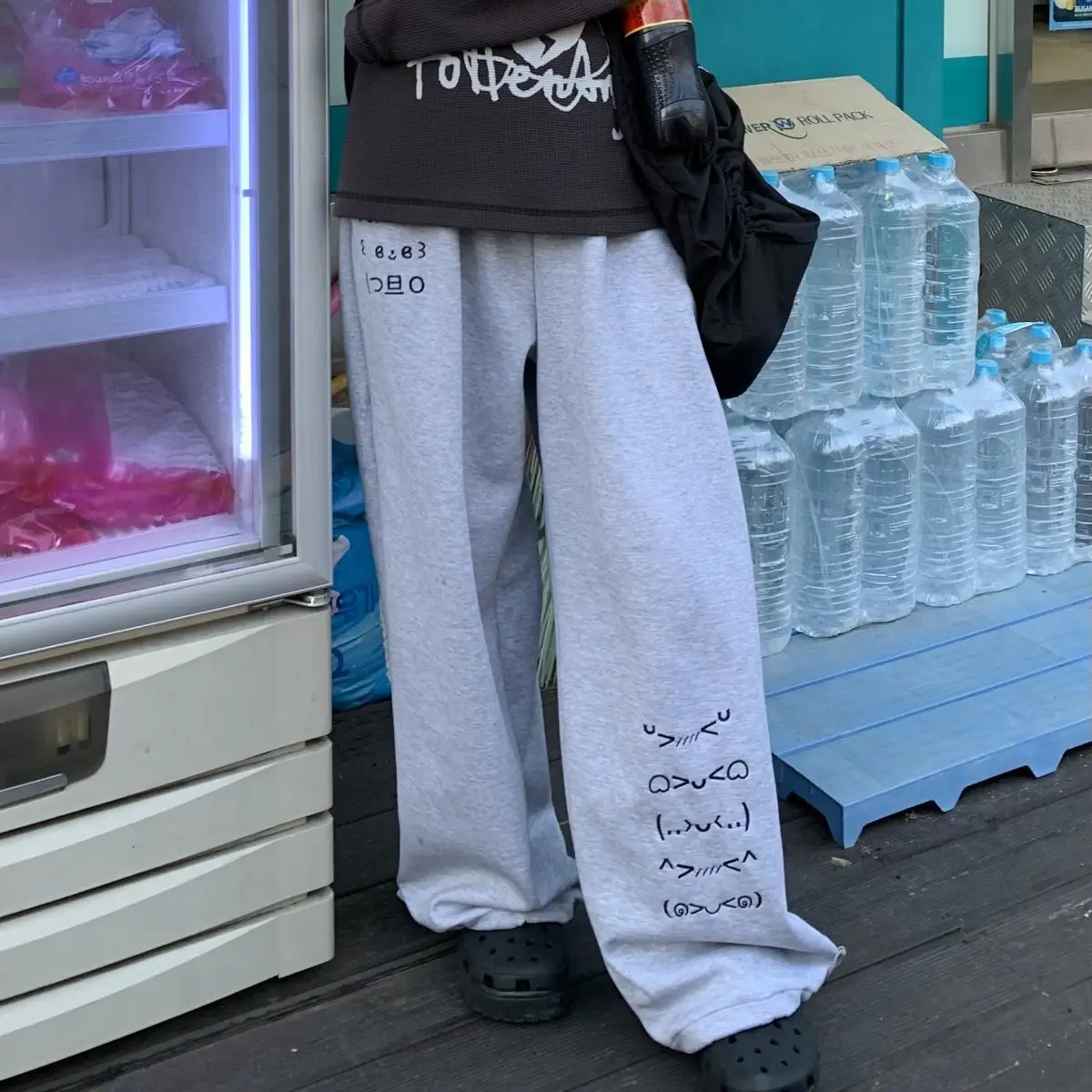 NICEMIX Kaomoji Sweatpants Women Cute Kawaii Cutecore Harajuku Jirai Kei Baggy Wide Leg Gray Joggers Y2K Alt Streetwear Pants