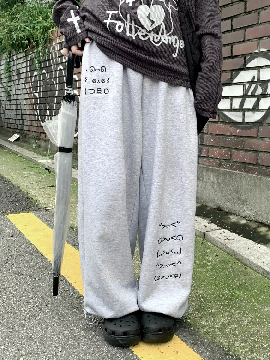 NICEMIX Kaomoji Sweatpants Women Cute Kawaii Cutecore Harajuku Jirai Kei Baggy Wide Leg Gray Joggers Y2K Alt Streetwear Pants