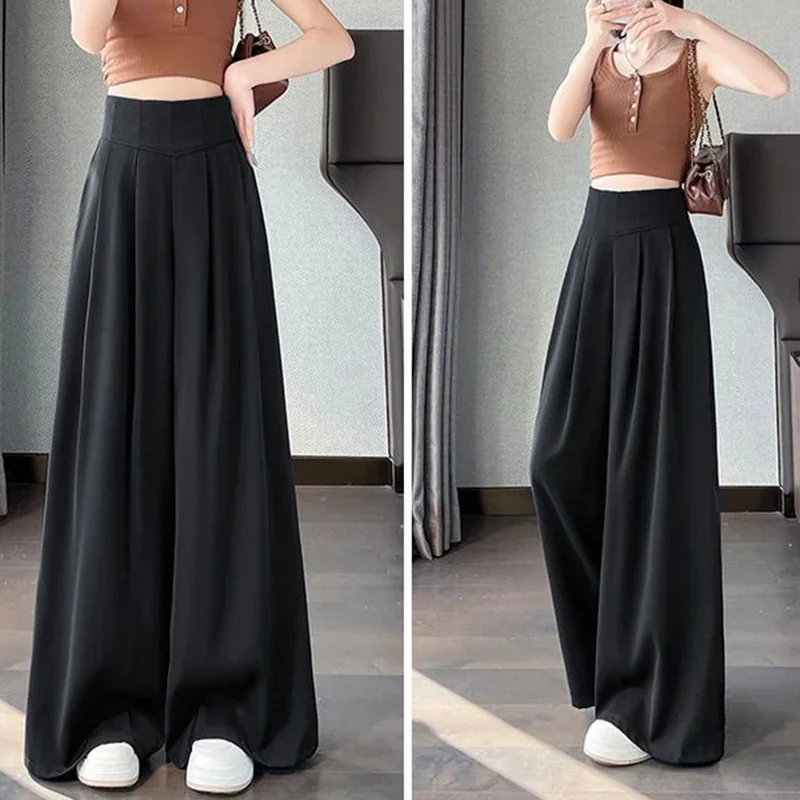 Lady Korean Solid High Waist Pants Girls Fashion Wide Leg Suit Trousers Women Slim Fit Comfortable Daily Slacks