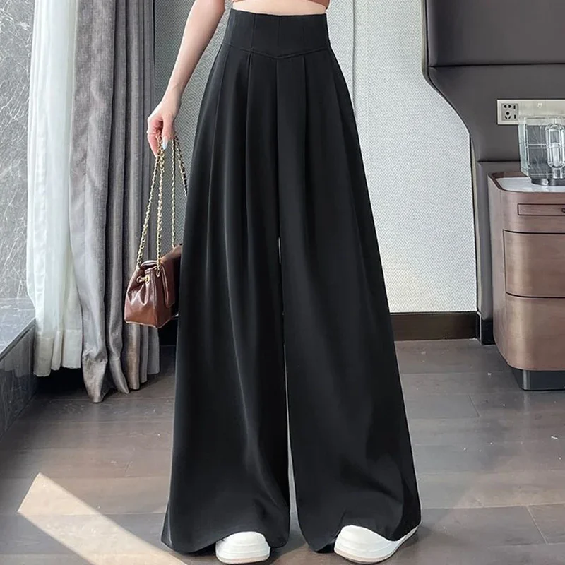 Lady Korean Solid High Waist Pants Girls Fashion Wide Leg Suit Trousers Women Slim Fit Comfortable Daily Slacks