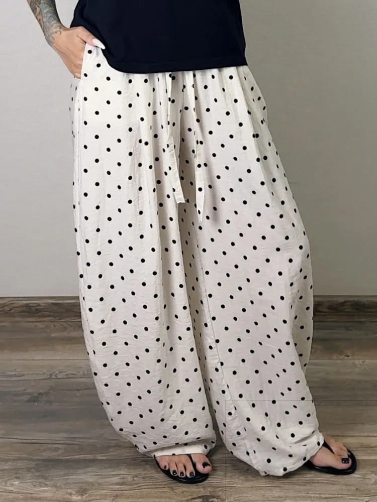 Polka Dot Cotton Linen Pants White Women Wide Leg Summer Spring Baggy Trousers For Woman High Waist Linen Loose Pants Women