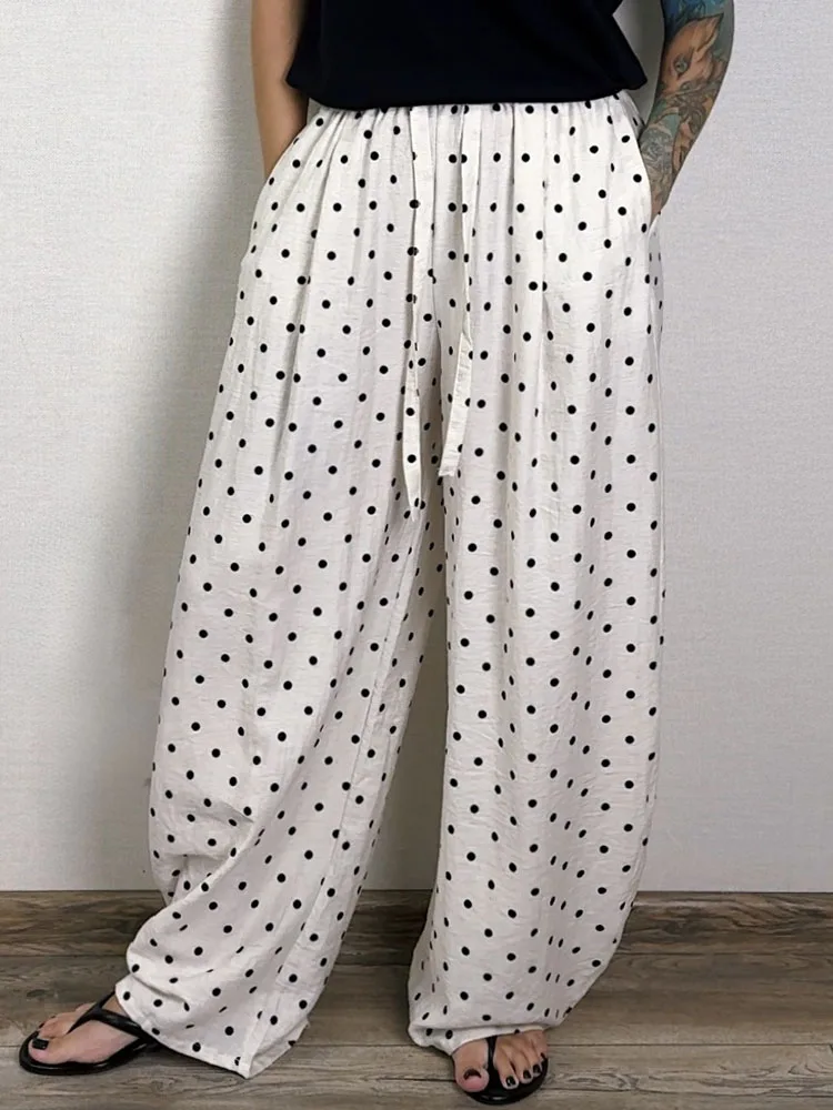 Polka Dot Cotton Linen Pants White Women Wide Leg Summer Spring Baggy Trousers For Woman High Waist Linen Loose Pants Women