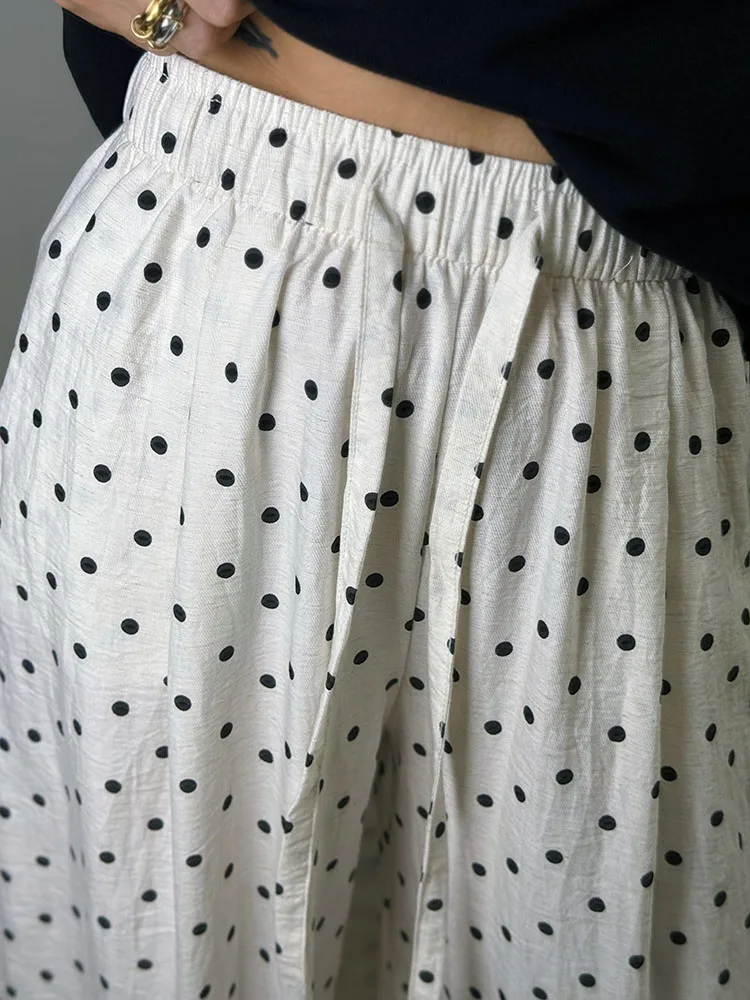 Polka Dot Cotton Linen Pants White Women Wide Leg Summer Spring Baggy Trousers For Woman High Waist Linen Loose Pants Women