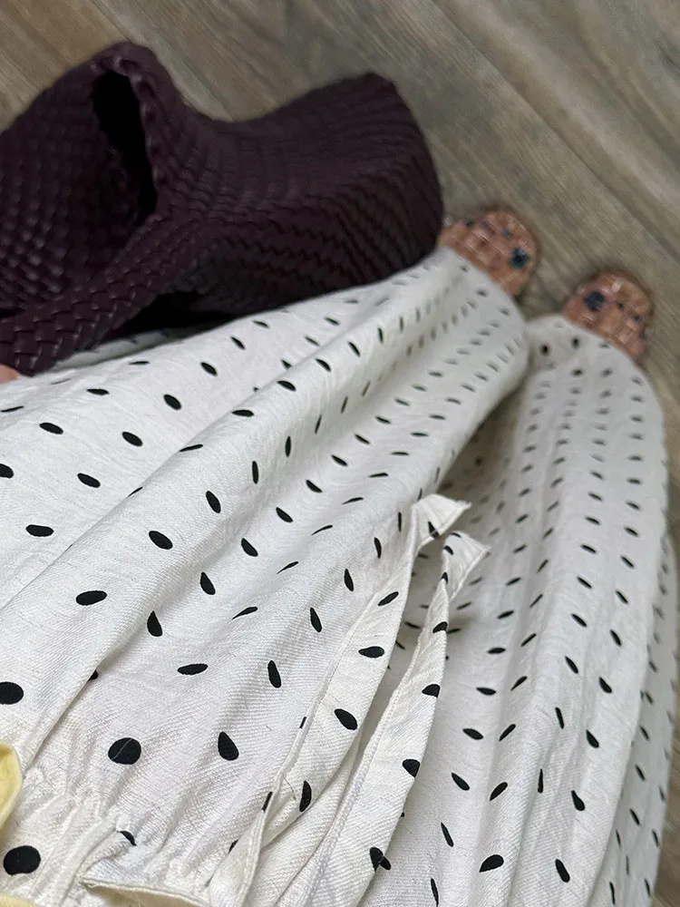 Polka Dot Cotton Linen Pants White Women Wide Leg Summer Spring Baggy Trousers For Woman High Waist Linen Loose Pants Women