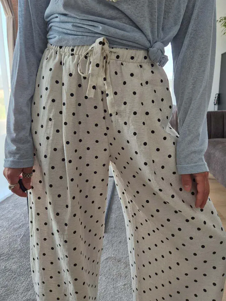 Polka Dot Cotton Linen Pants White Women Wide Leg Summer Spring Baggy Trousers For Woman High Waist Linen Loose Pants Women
