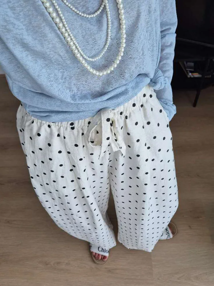 Polka Dot Cotton Linen Pants White Women Wide Leg Summer Spring Baggy Trousers For Woman High Waist Linen Loose Pants Women