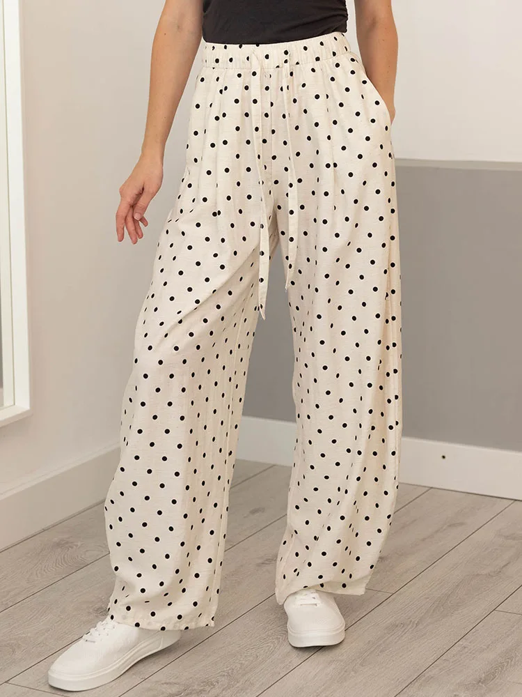 Polka Dot Cotton Linen Pants White Women Wide Leg Summer Spring Baggy Trousers For Woman High Waist Linen Loose Pants Women
