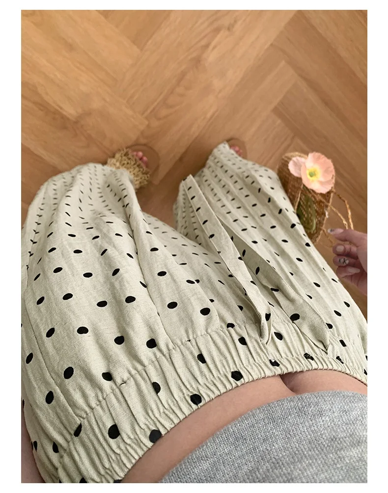 Polka Dot Cotton Linen Pants White Women Wide Leg Summer Spring Baggy Trousers For Woman High Waist Linen Loose Pants Women