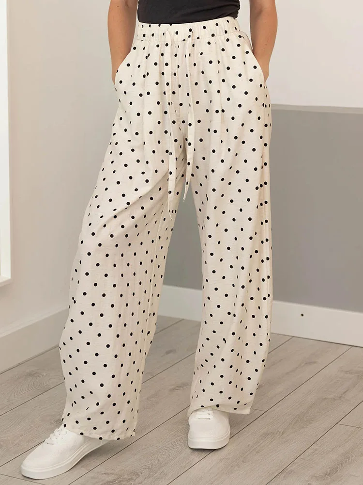 Polka Dot Cotton Linen Pants White Women Wide Leg Summer Spring Baggy Trousers For Woman High Waist Linen Loose Pants Women