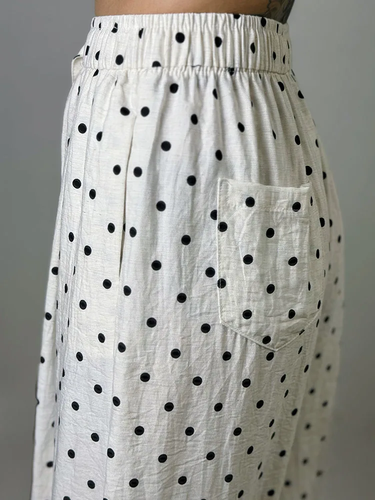 Polka Dot Cotton Linen Pants White Women Wide Leg Summer Spring Baggy Trousers For Woman High Waist Linen Loose Pants Women