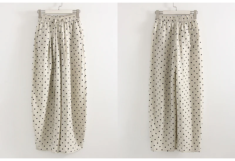 Polka Dot Cotton Linen Pants White Women Wide Leg Summer Spring Baggy Trousers For Woman High Waist Linen Loose Pants Women