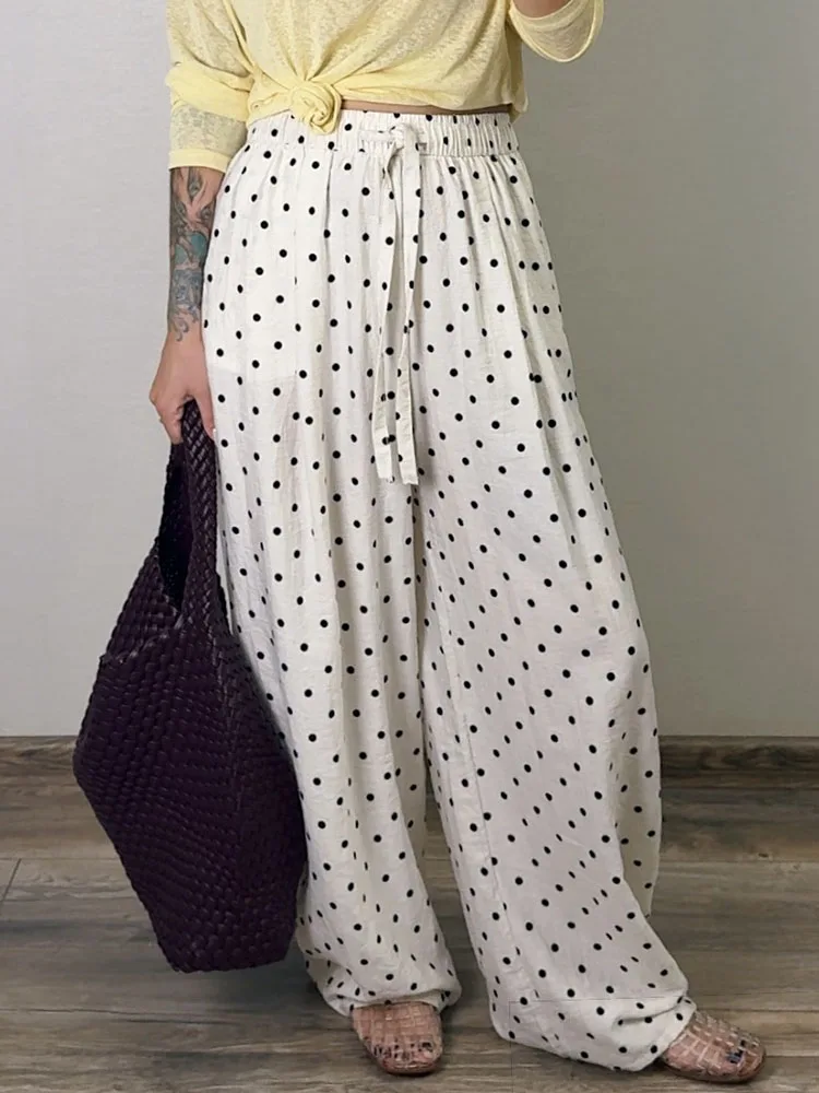 Polka Dot Cotton Linen Pants White Women Wide Leg Summer Spring Baggy Trousers For Woman High Waist Linen Loose Pants Women