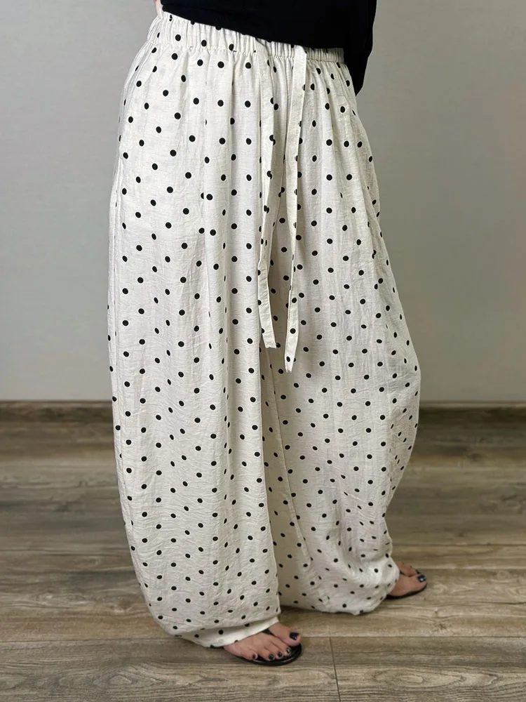 Polka Dot Cotton Linen Pants White Women Wide Leg Summer Spring Baggy Trousers For Woman High Waist Linen Loose Pants Women