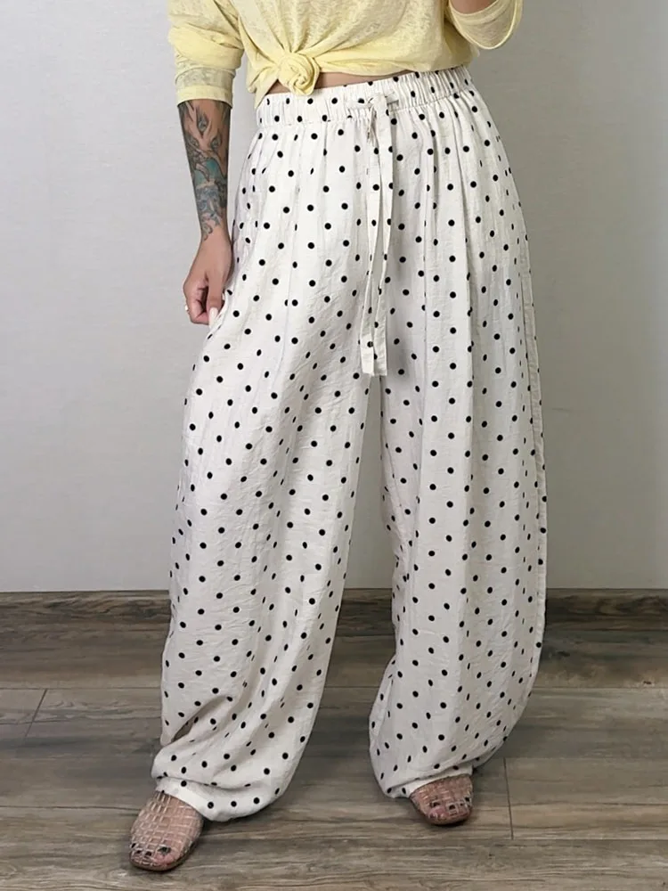 Polka Dot Cotton Linen Pants White Women Wide Leg Summer Spring Baggy Trousers For Woman High Waist Linen Loose Pants Women