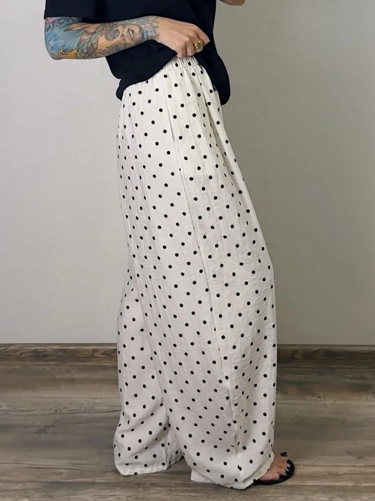 Polka Dot Cotton Linen Pants White Women Wide Leg Summer Spring Baggy Trousers For Woman High Waist Linen Loose Pants Women