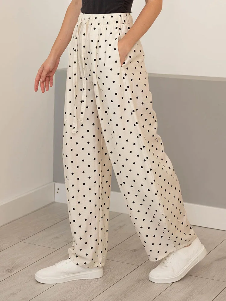 Polka Dot Cotton Linen Pants White Women Wide Leg Summer Spring Baggy Trousers For Woman High Waist Linen Loose Pants Women
