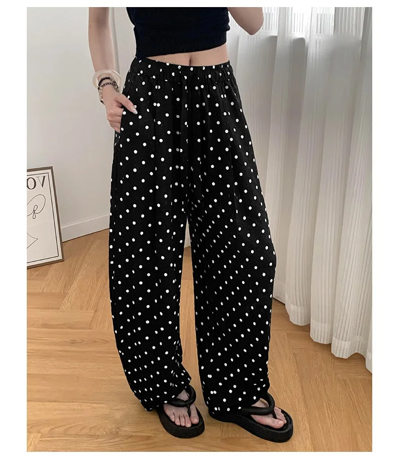 Polka Dot Cotton Linen Pants White Women Wide Leg Summer Spring Baggy Trousers For Woman High Waist Linen Loose Pants Women