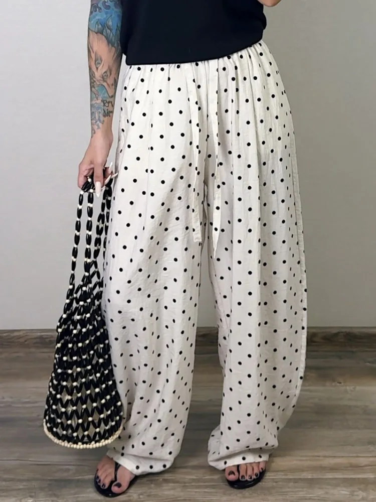 Polka Dot Cotton Linen Pants White Women Wide Leg Summer Spring Baggy Trousers For Woman High Waist Linen Loose Pants Women