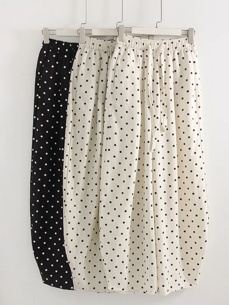 Polka Dot Cotton Linen Pants White Women Wide Leg Summer Spring Baggy Trousers For Woman High Waist Linen Loose Pants Women