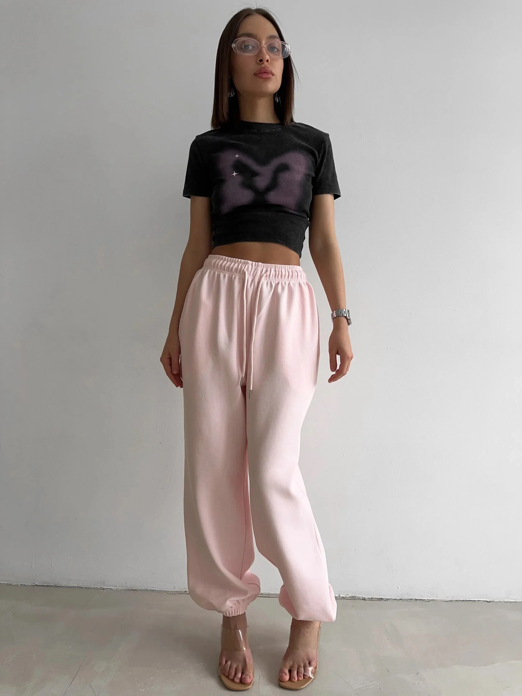 Autumn Women's Gray Sports Pants with Elastic 80% Cotton Jogging Vintage Classic Brown Sweatpants for Women