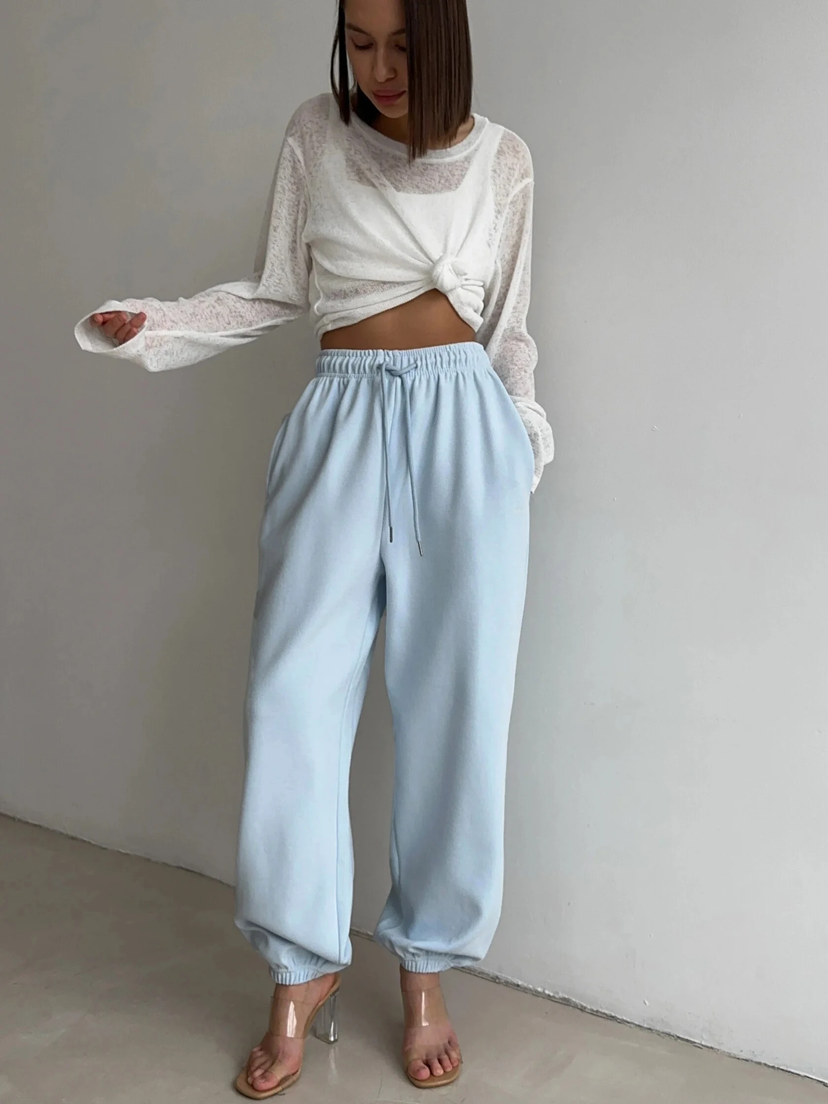 Autumn Women's Gray Sports Pants with Elastic 80% Cotton Jogging Vintage Classic Brown Sweatpants for Women