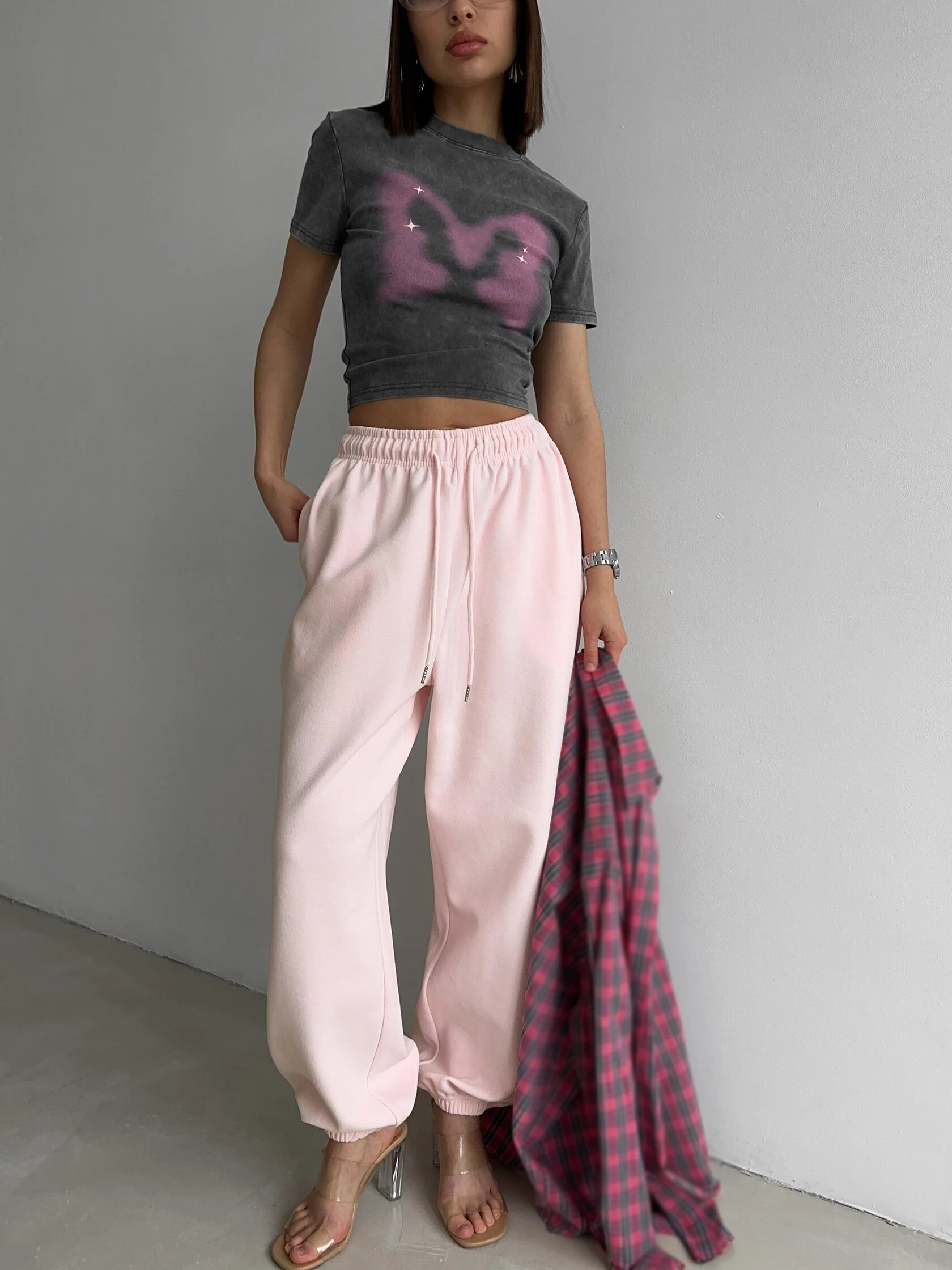 Autumn Women's Gray Sports Pants with Elastic 80% Cotton Jogging Vintage Classic Brown Sweatpants for Women