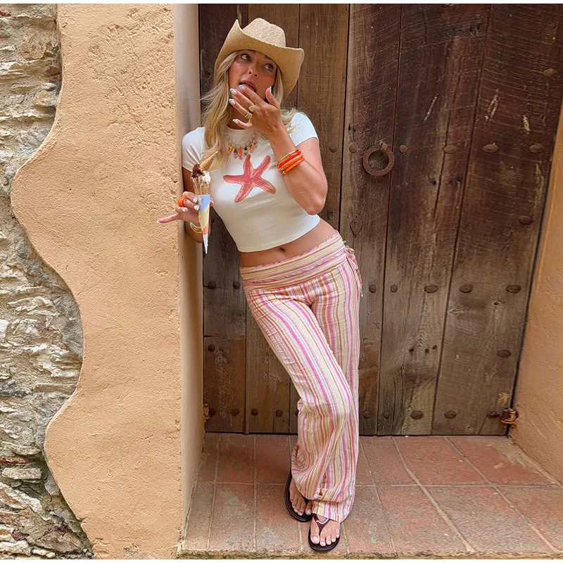 Striped Women's Trousers Low Waist Tie Casual Pants Vertical Stripe Floor Length Pants Daily Fashion Wear 2026 Collection
