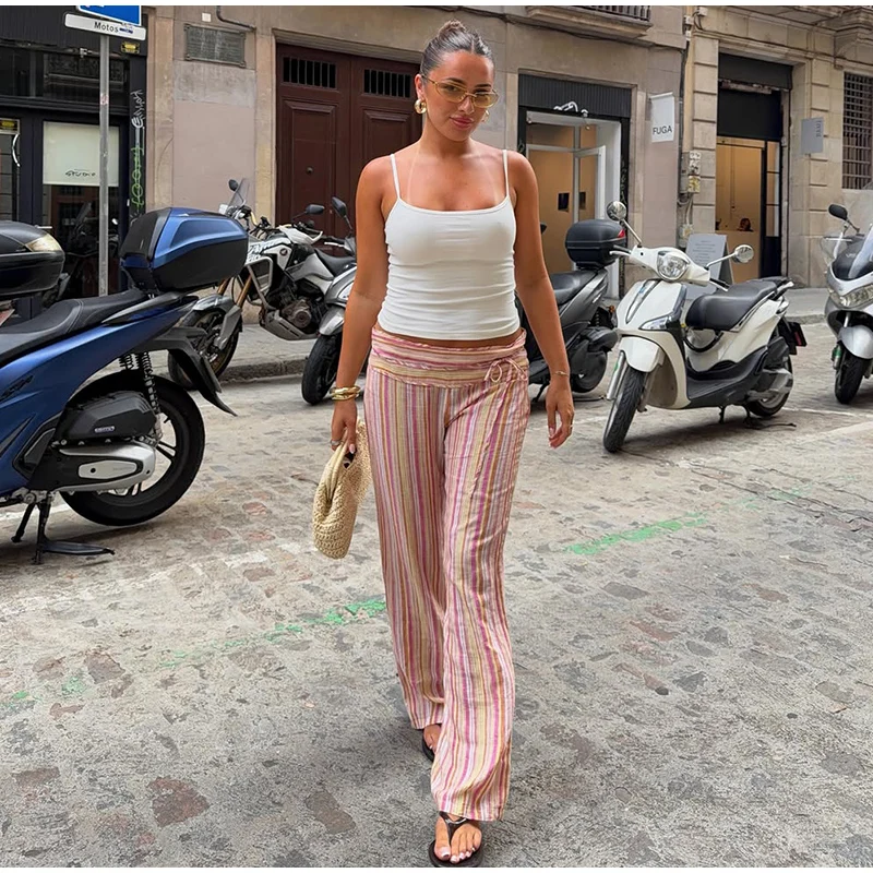 Striped Women's Trousers Low Waist Tie Casual Pants Vertical Stripe Floor Length Pants Daily Fashion Wear 2026 Collection