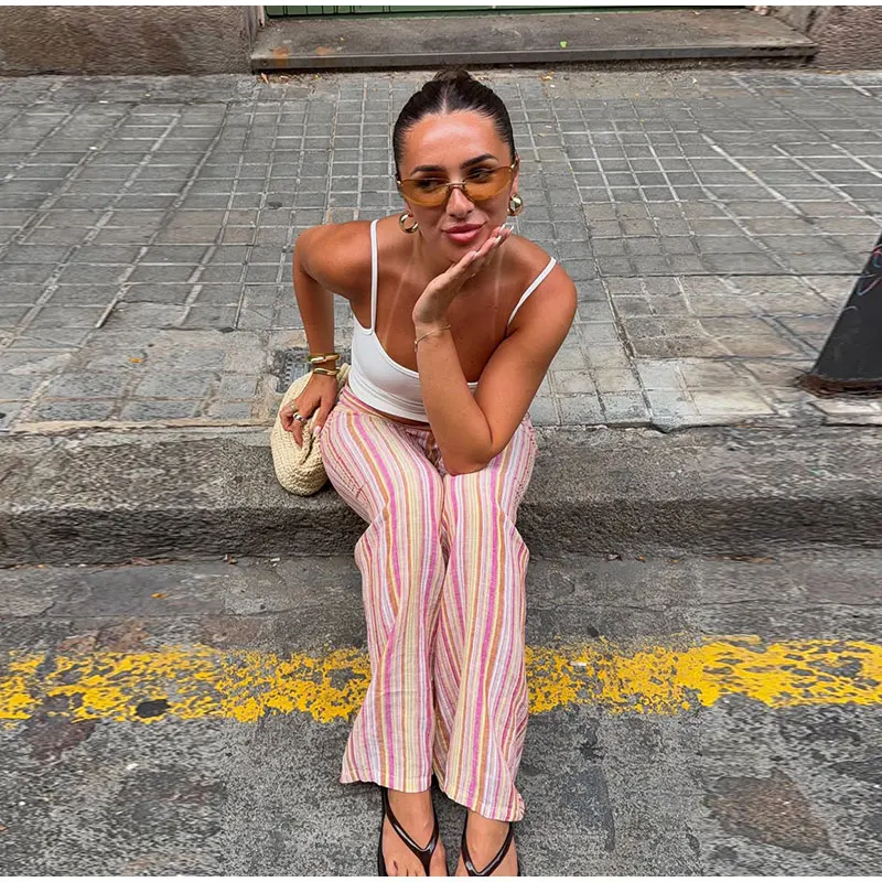 Striped Women's Trousers Low Waist Tie Casual Pants Vertical Stripe Floor Length Pants Daily Fashion Wear 2026 Collection