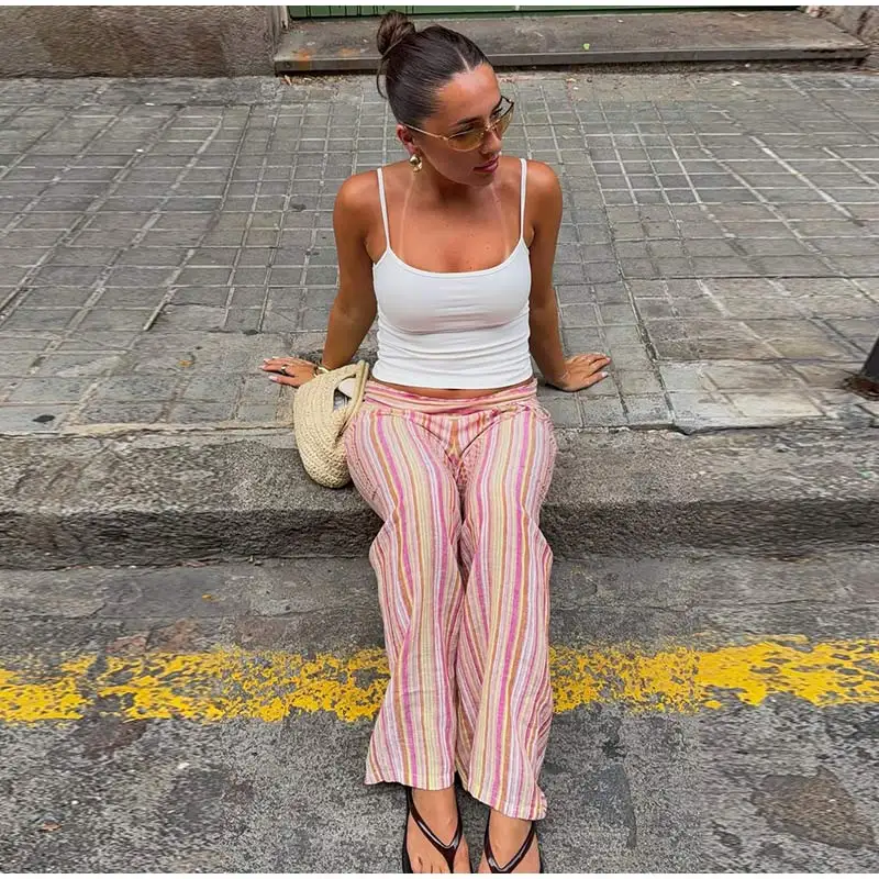 Striped Women's Trousers Low Waist Tie Casual Pants Vertical Stripe Floor Length Pants Daily Fashion Wear 2026 Collection