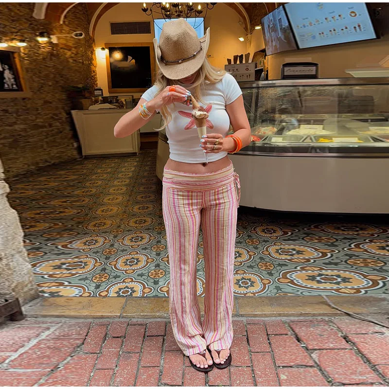 Striped Women's Trousers Low Waist Tie Casual Pants Vertical Stripe Floor Length Pants Daily Fashion Wear 2026 Collection