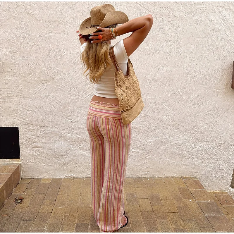 Striped Women's Trousers Low Waist Tie Casual Pants Vertical Stripe Floor Length Pants Daily Fashion Wear 2026 Collection